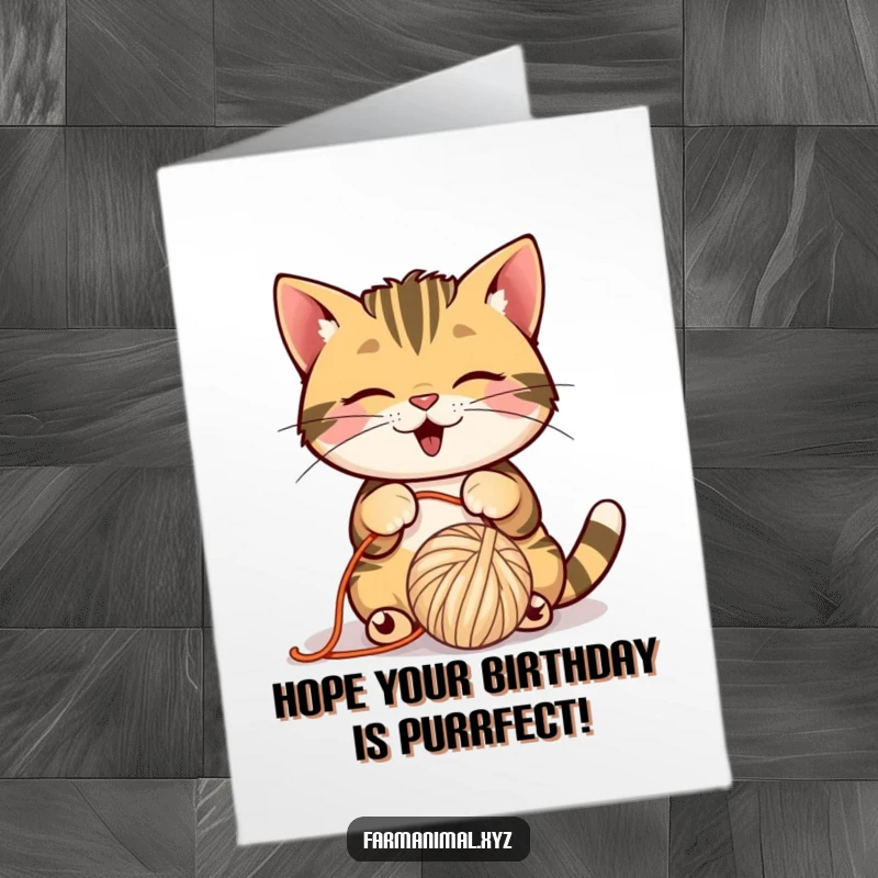 Funny Free Printable Birthday Card: A playful barn cat bats at a ball of yarn, celebrating a birthday with feline mischief.