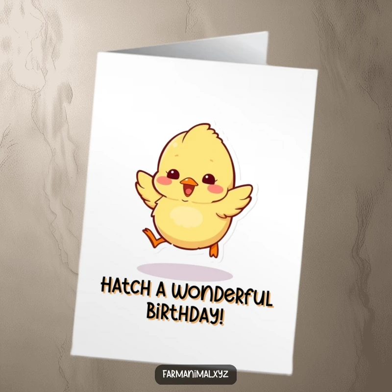 Funny Free Printable Chick Birthday Card: Fluffy chick character hopping excitedly with pure joy, celebrating a birthday.