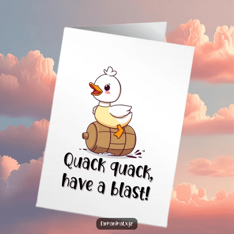 Funny Free Printable Duck Birthday Card: A duck gleefully rides a rolling barrel, wishing a happy birthday with energetic fun.