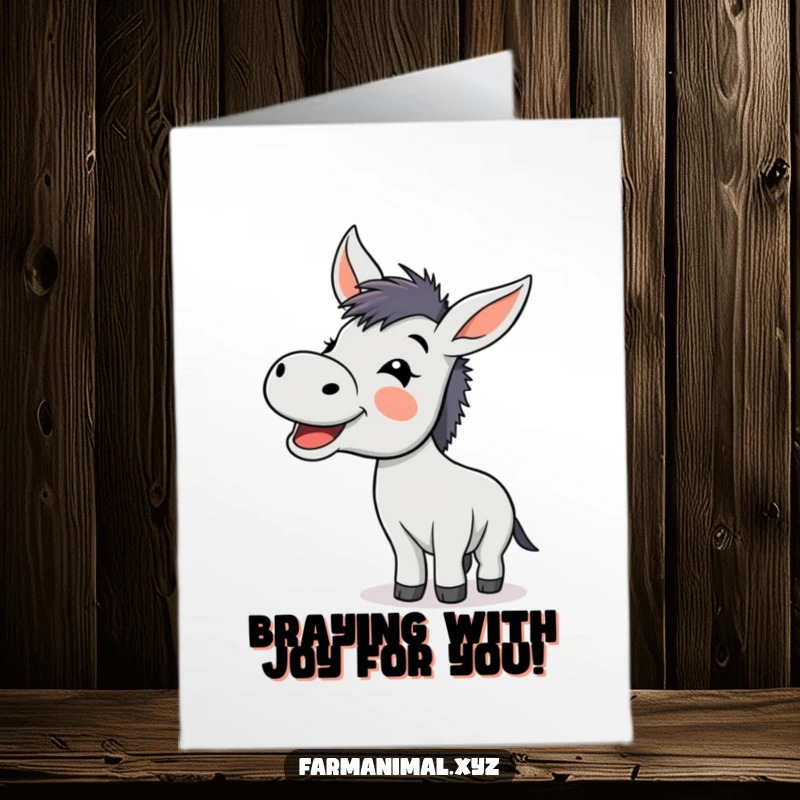 Funny free printable birthday card: A cute cartoon donkey braying loudly with pure, unadulterated glee and happiness.