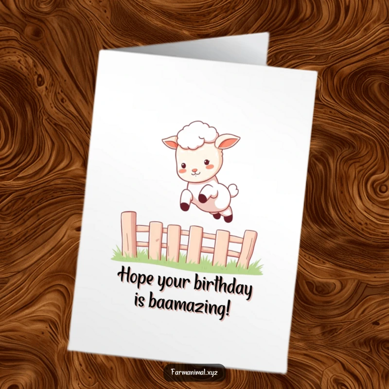 Funny Free Printable Birthday Card: A cute, fluffy lamb joyfully leaping high over a small wooden fence, celebration art