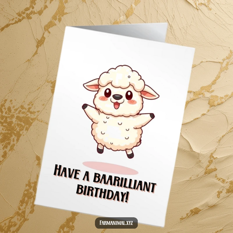 Funny Free Printable Birthday Card showing a fluffy sheep mid-jump with a comical expression, celebrating the occasion.