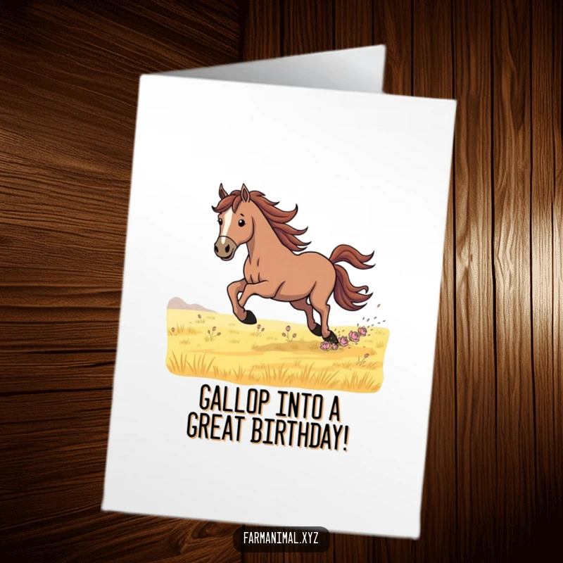 Funny Free Printable Birthday Card: A powerful horse with mane flying, galloping determinedly across a sunlit green field with great speed.