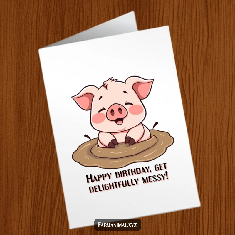 Funny Free Printable Birthday Card: Cheerful pig happily rolling in a mud puddle, messy birthday fun, downloadable joyful greeting.