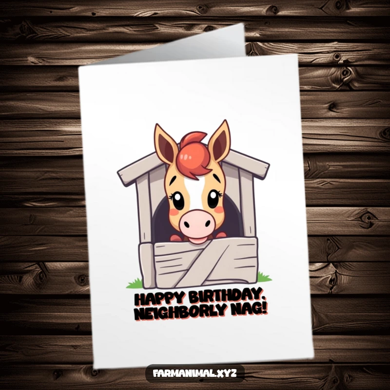 Funny Free Printable Birthday Card: Horse with head over stable door, curious and playful birthday greeting, downloadable gift.