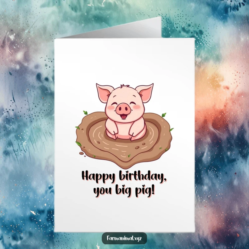 Funny Free Printable Birthday Card: A happy pig joyfully rolling in a heart-shaped mud puddle.