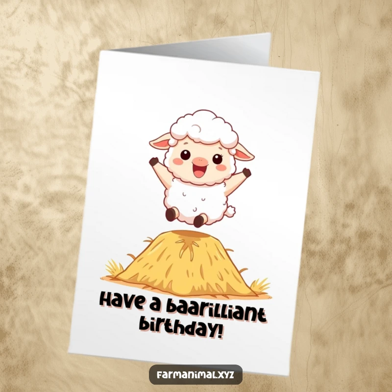 Funny Free Printable Sheep Birthday Card: A fluffy sheep bounces with pure joy on a haystack, wishing a very happy birthday.