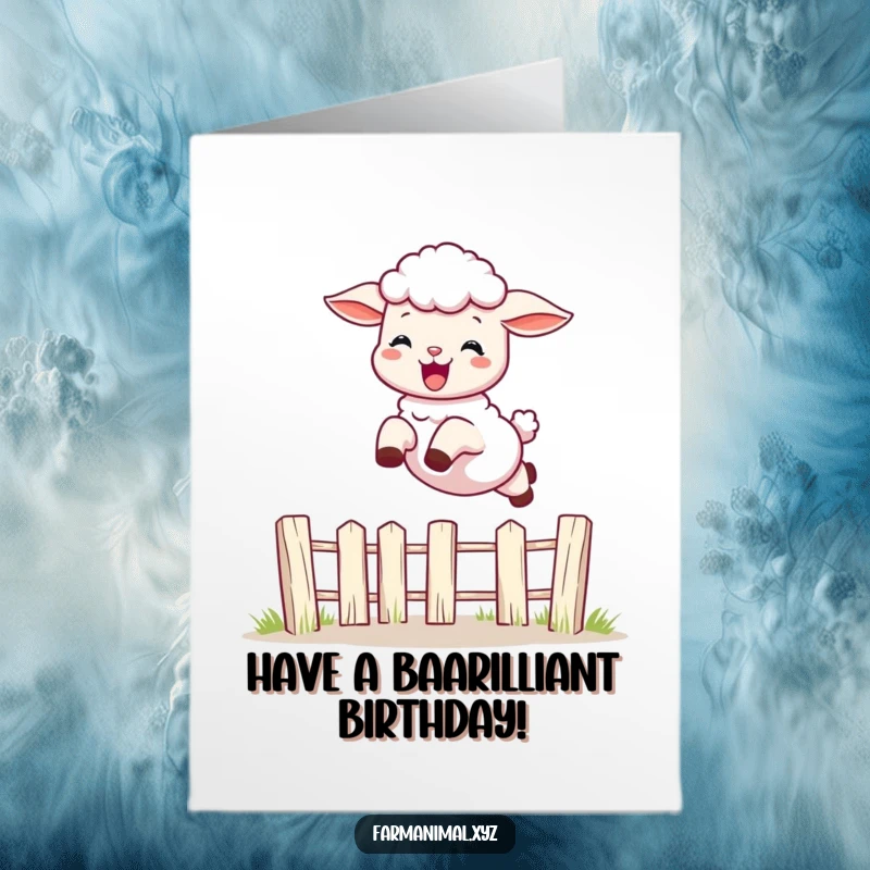 Funny Free Printable Birthday Card: Playful lamb leaps over a fence with pure delight, wishing happy birthday.