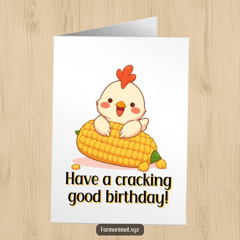 Funny Free Printable Birthday Card: Excited chicken enthusiastically pecking at an oversized corn cob, celebrating a bountiful birthday.