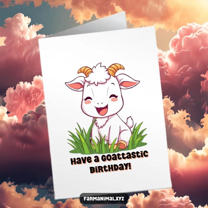 Funny Free Printable Birthday Card: Joyful goat munching grass with a bright smile, happy birthday wishes, downloadable gift.