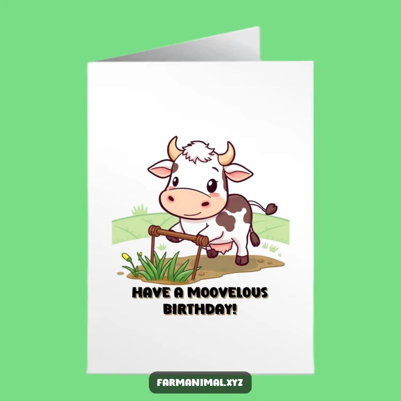 Free Printable Birthday Card: Determined Cow Plowing, a Funny Downloadable Gift