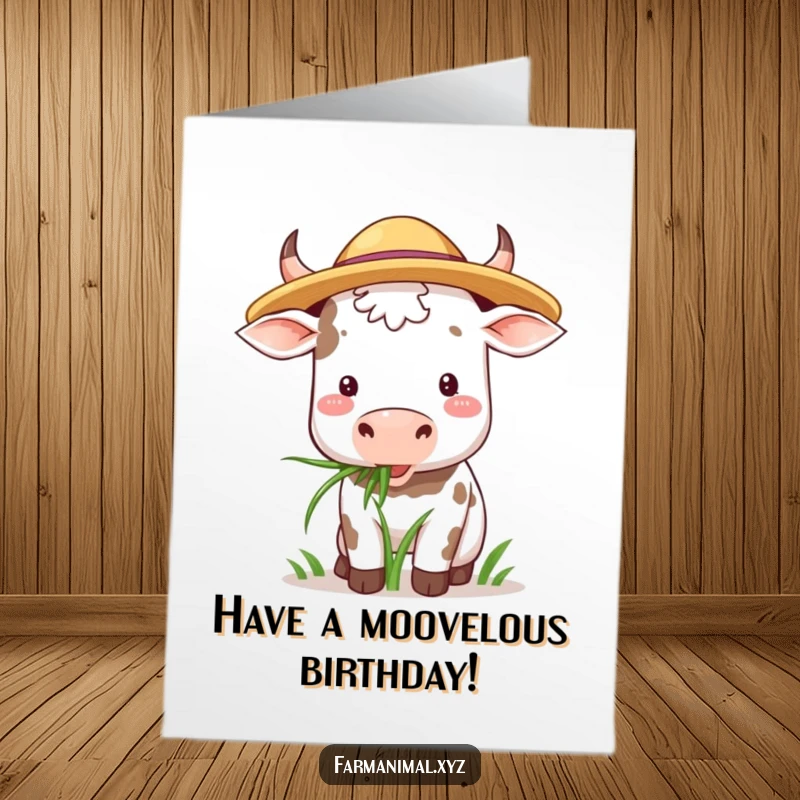 Funny Free Printable Birthday Card: A cow in a straw hat happily chewing grass, a rustic and humorous celebration.