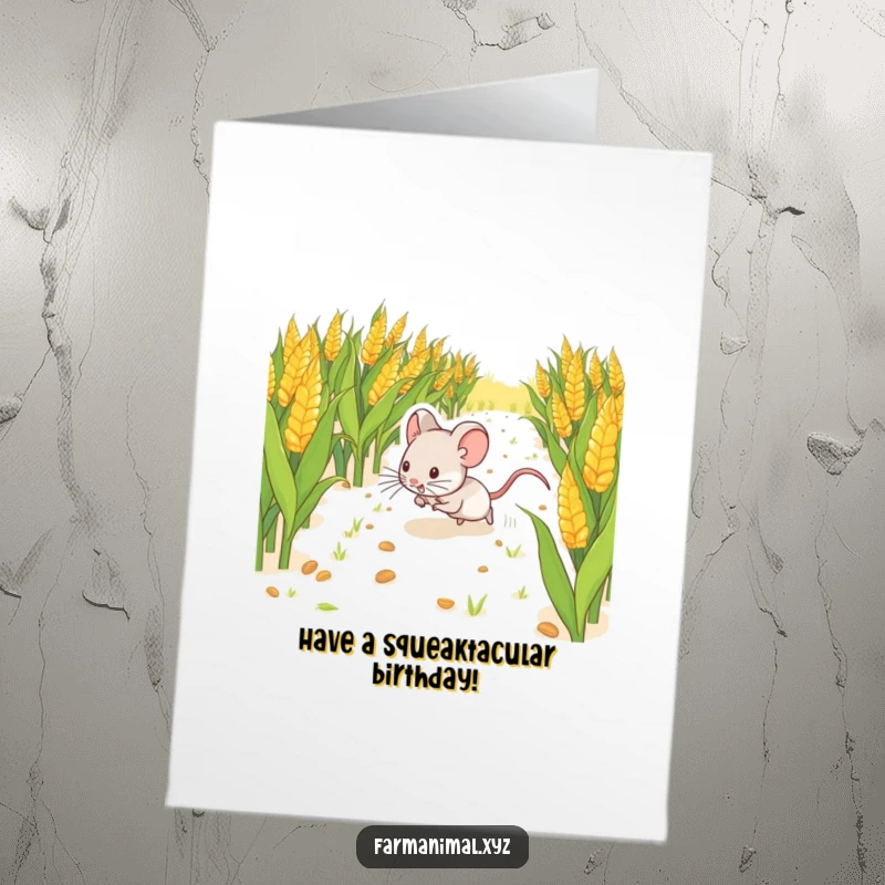 Funny Free Printable Birthday Card: A small, happy mouse scurrying energetically through a vast cornfield.