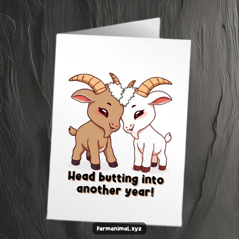 Funny free printable birthday card: Two playful cartoon goats gently butting heads in a friendly, humorous greeting.