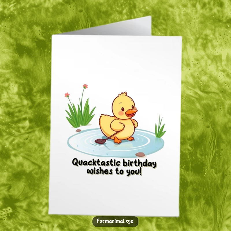 Funny Free Printable Duckling Birthday Card: A happy duckling paddling fast, celebrating a birthday with energetic waterfowl cheer.
