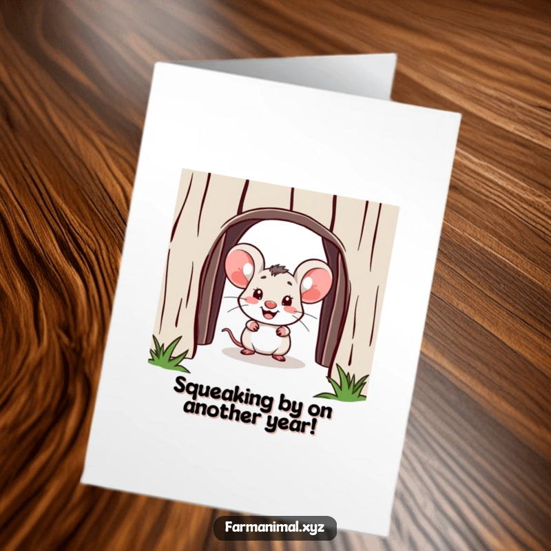 Funny Free Printable Birthday Card featuring a cheerful mouse peeking from a rustic barn doorway, ready to celebrate.