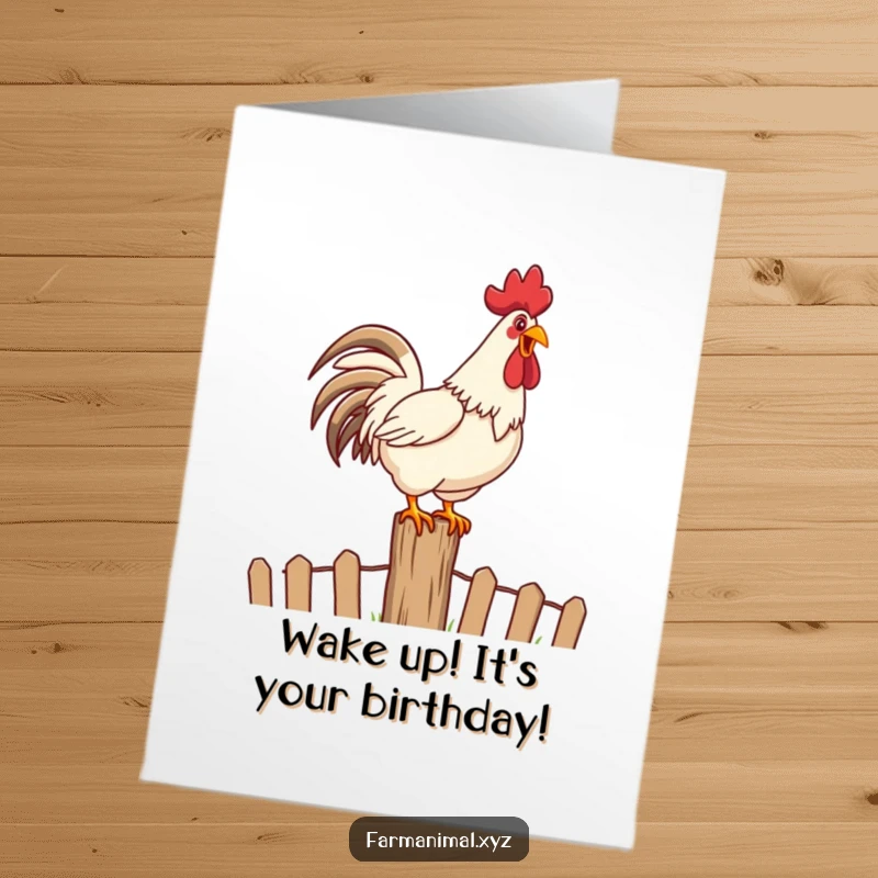 Funny Free Printable Birthday Card: A happy rooster crows loudly from a fence post, announcing a joyous birthday celebration.