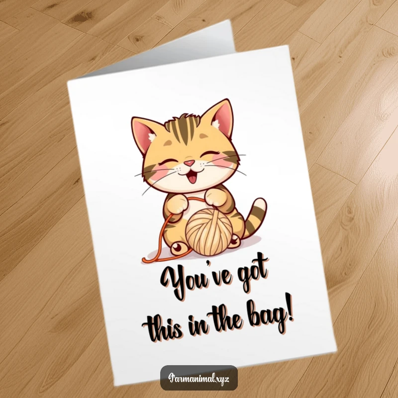 Funny Free Printable Congratulations Card: A mischievous barn cat playfully bats a ball of yarn, celebrating a successful achievement.