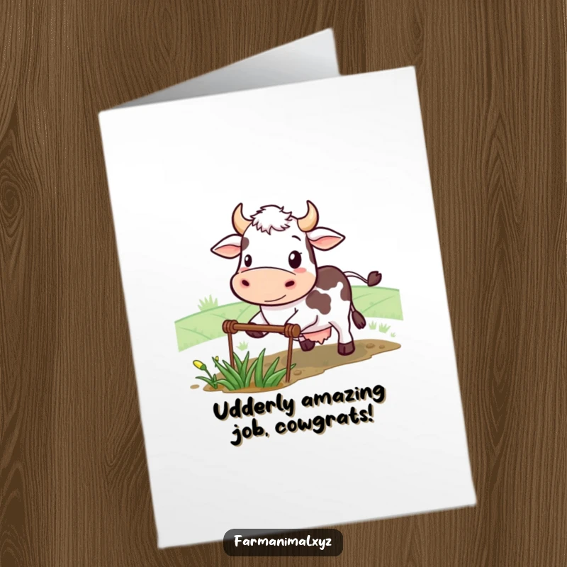 Free printable congratulations card showing a determined cow smiling while plowing a small field, celebrating effort.