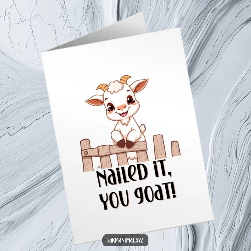 Funny Free Printable Congrats Card: A determined goat with a sly grin trying to overcome a fence.