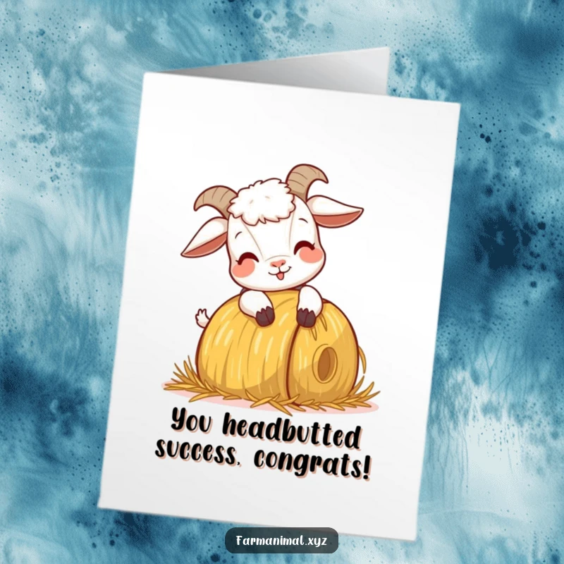 Free Printable Congratulations Card: A goat enthusiastically headbutting a hay bale, symbolizing a powerful achievement.