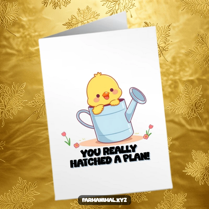 Funny Free Printable Congrats Card: Cheerful chick pecking a watering can, celebrating achievement with delight.