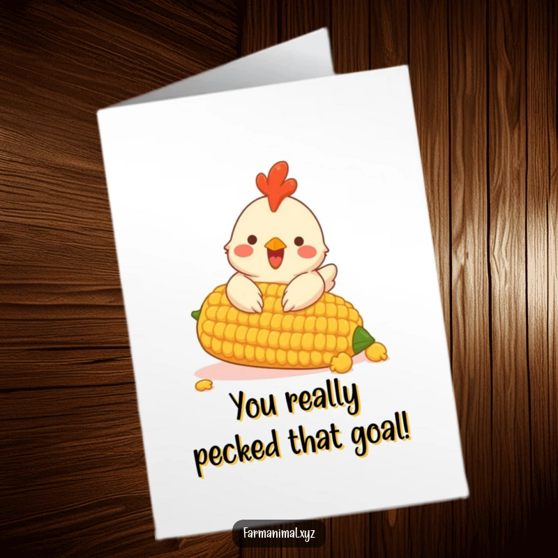 Funny Free Printable Congrats Card: Cheerful chicken eagerly pecking at a gigantic corn cob, celebrating a delicious victory.