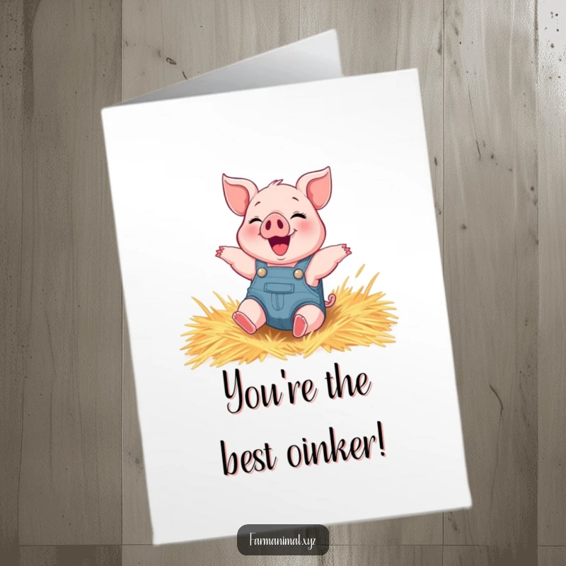 Funny Free Printable Congratulations Card: A happy piglet wearing overalls gleefully rolls in hay, celebrating a great achievement.