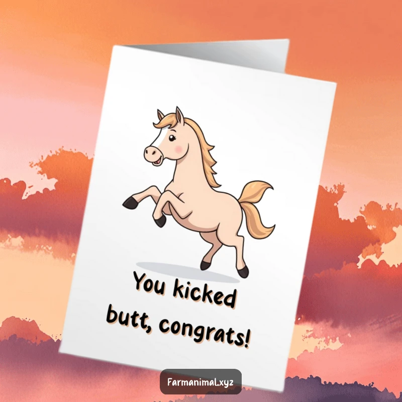 Funny Free Printable Congratulations Card of a horse kicking its legs high in a celebratory gallop, marking achievements. A downloadable leap of joy.