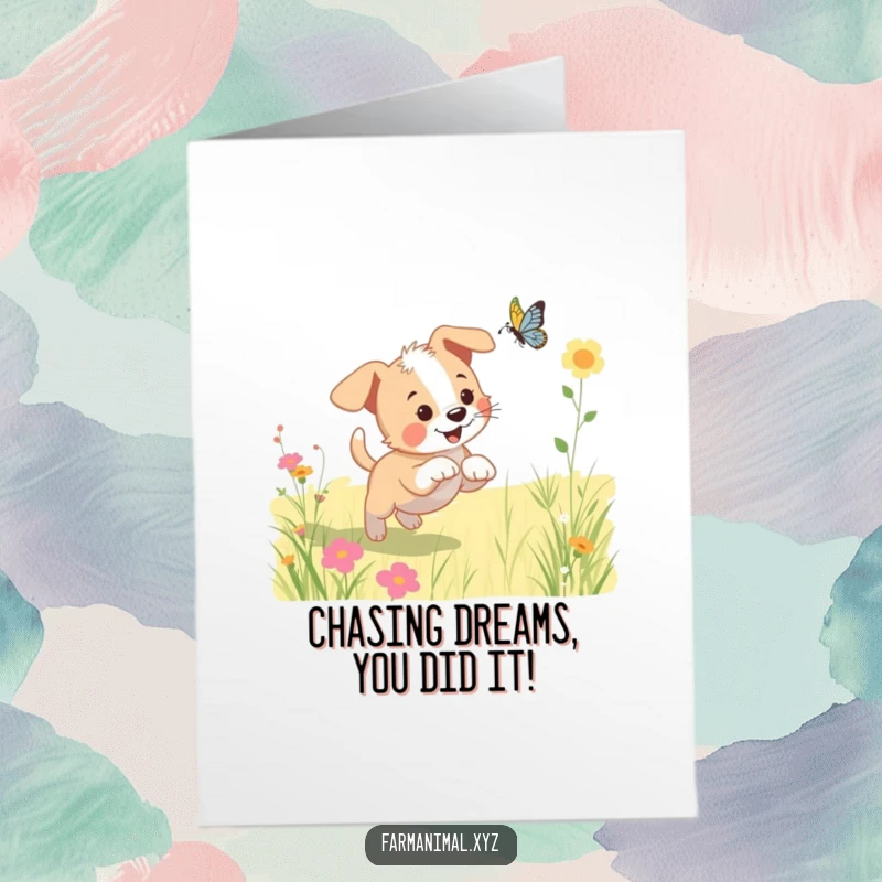 Funny Free Printable Congrats Card: A playful puppy happily chases a butterfly in a sunny meadow, representing pure excitement and joy.