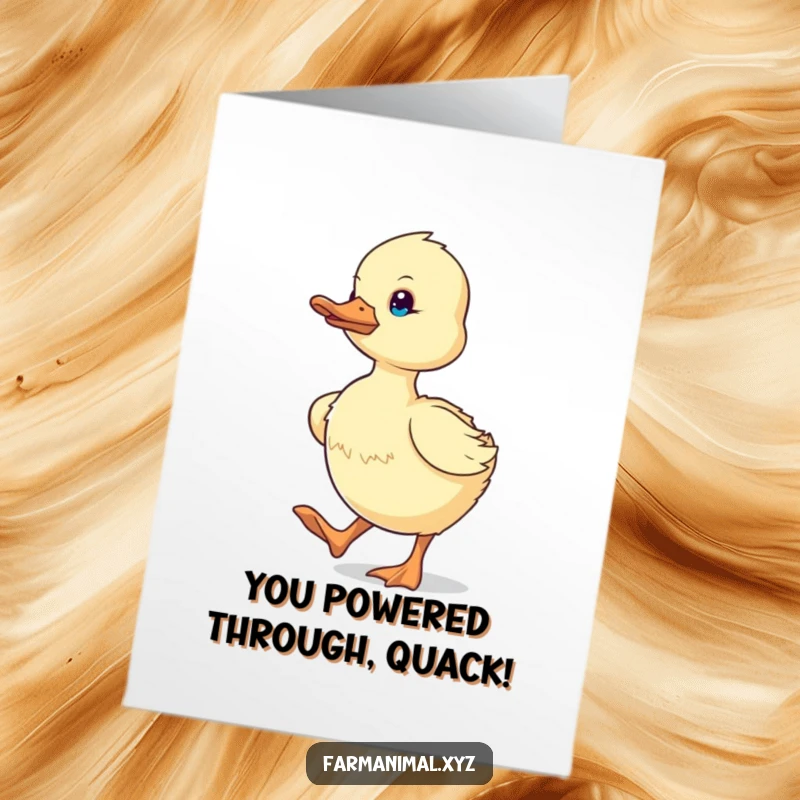 Funny Free Printable Congratulations Card: Determined duckling waddles with energy, celebrating achievements powerfully.