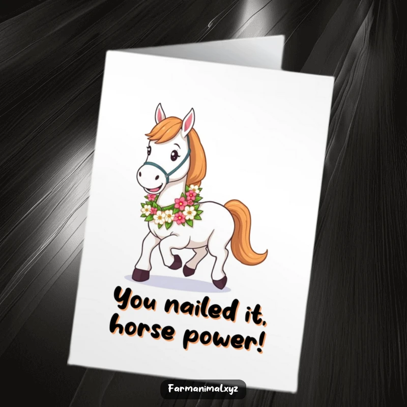 Funny Free Printable Congratulations Card: Joyful horse adorned with a floral garland, celebrating success, a downloadable gift.