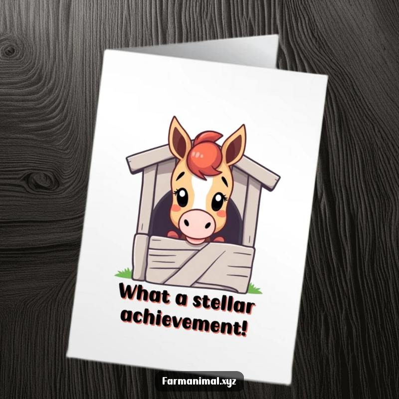 Funny Free Printable Congratulations Card: Horse with head over stable door, curious and congratulatory, downloadable art.