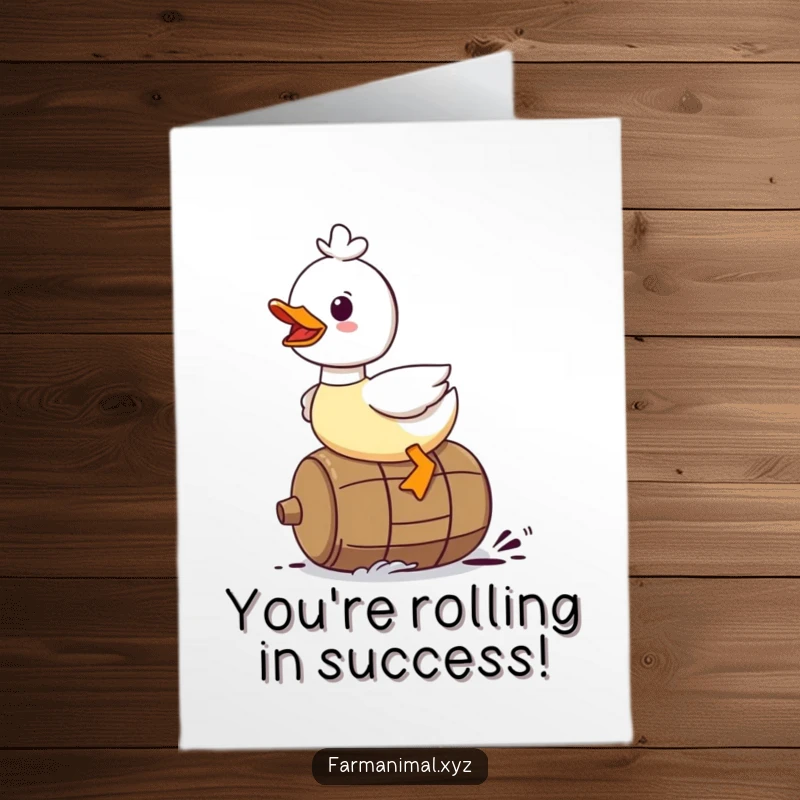 Funny Free Printable Duck Congratulations Card: A duck joyfully rides a rolling barrel, celebrating a fantastic accomplishment with gusto.