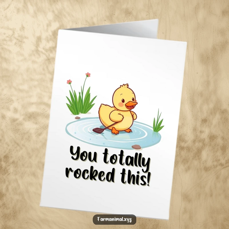 Funny Free Printable Duckling Congratulations Card: A duckling energetically paddling, celebrating a success with joyful water fun.