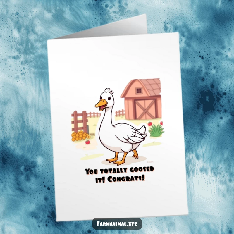 Funny Free Printable Congratulations Card: A cheerful goose honks happily while waddling, celebrating a successful accomplishment with farmyard glee.