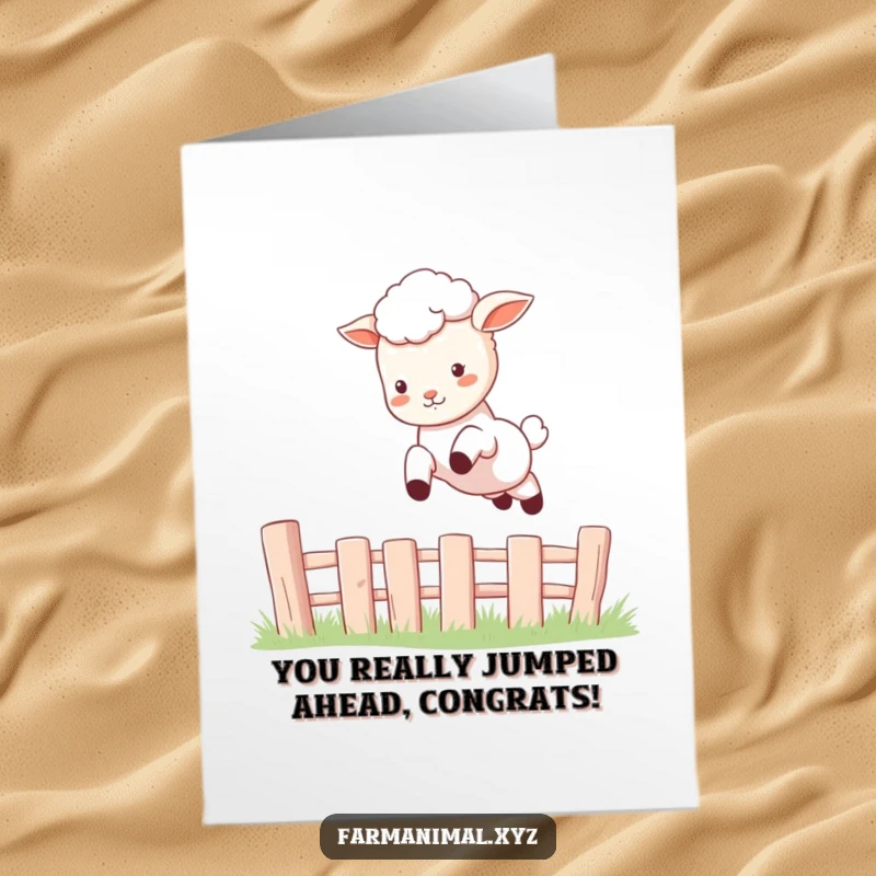 Funny Free Printable Congratulations Card: Energetic lamb mid-leap over a fence, symbolizing a joyful achievement