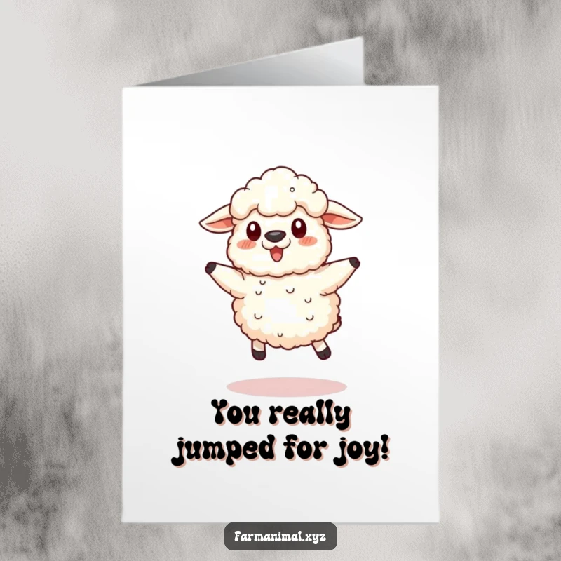 Funny Free Printable Congratulations Card featuring a fluffy sheep in a humorous jump, celebrating their big win.