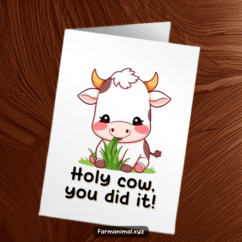 Funny Free Printable Congratulations Card: Happy cow grazes contentedly, celebrating good news with calm.