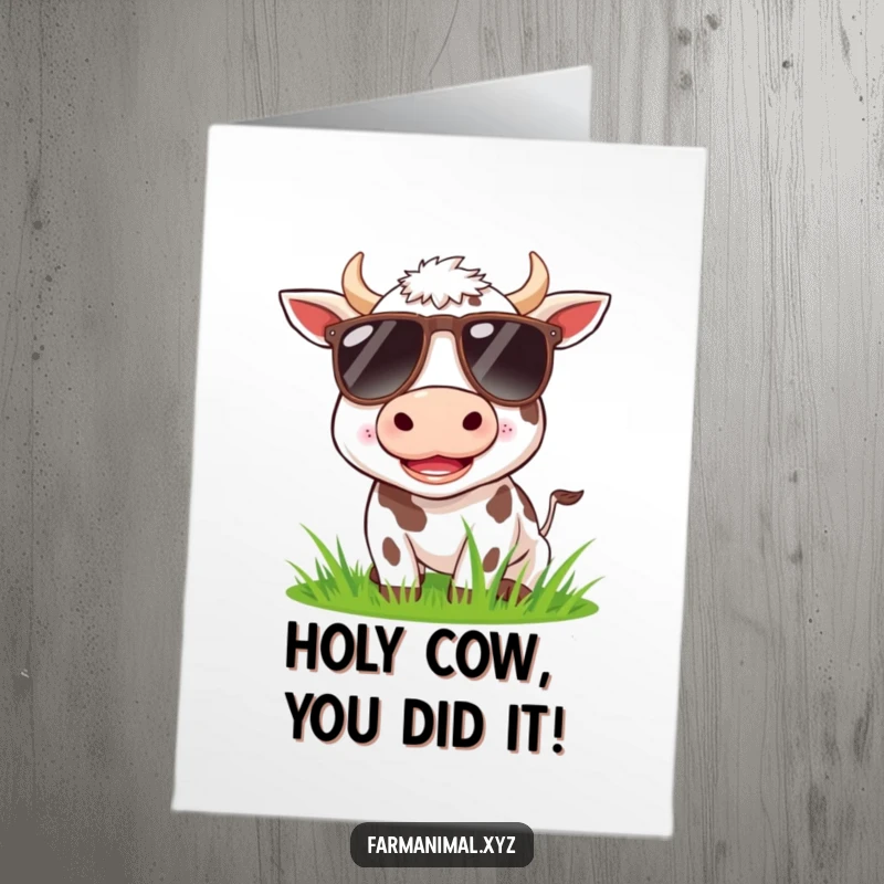 Funny Free Printable Congratulations Card: A sunglasses-wearing cow happily munching grass, perfect for celebrating achievements.