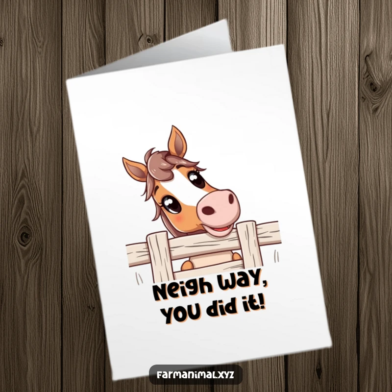 Funny Free Printable Congratulations Card showing a curious horse with big eyes peeking over a fence, sharing in the joy.