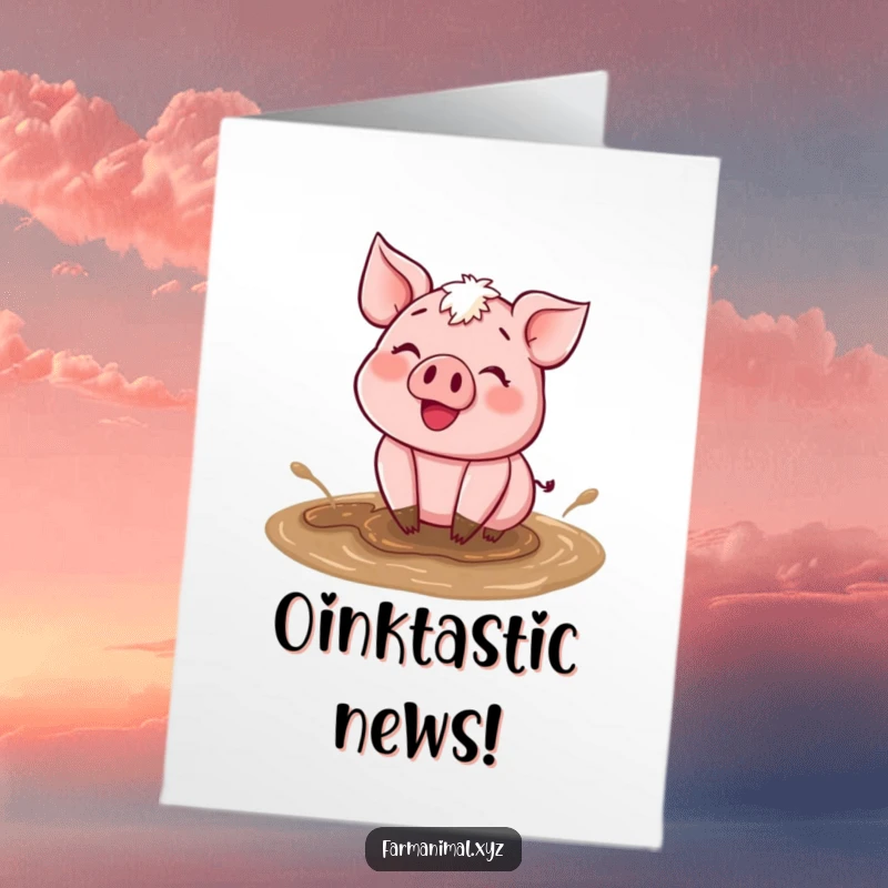 Funny Free Printable Congrats Card: Happy pig character happily wallowing in mud, celebrating success, DIY.