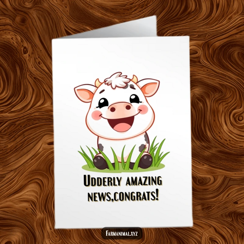 Funny Free Printable Congratulations Card: Excited cow with a huge grin happily chewing grass, celebrating a win