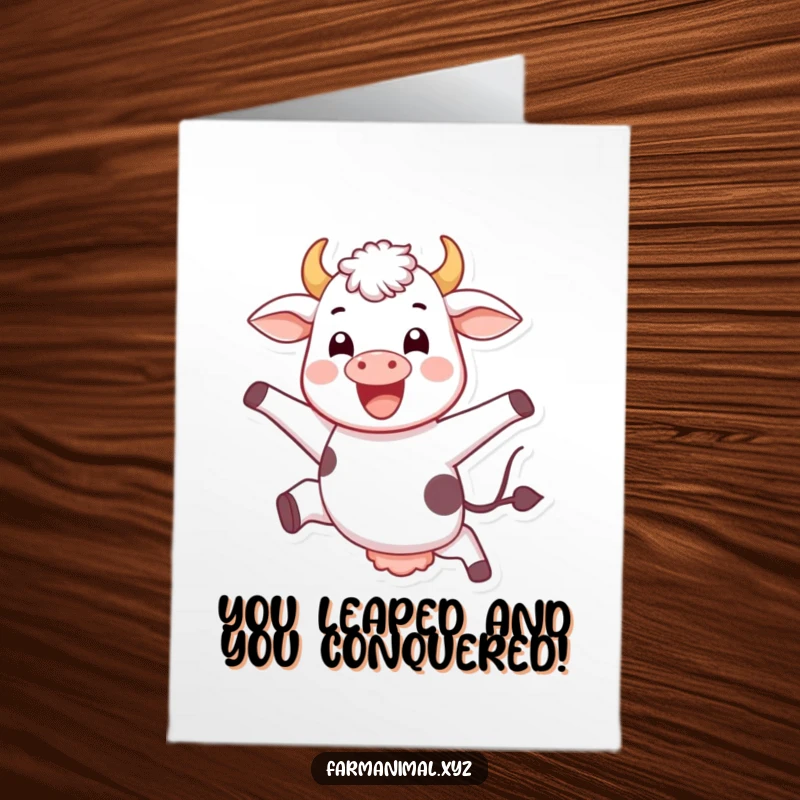 Funny Free Printable Congrats Card: A happy cow expresses extreme joy by jumping exuberantly.