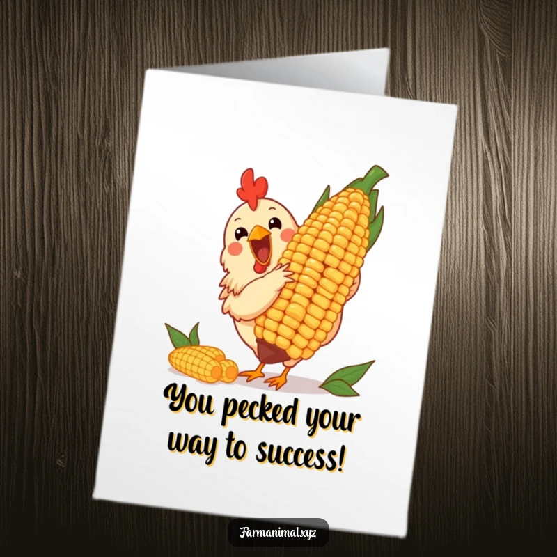 Funny Free Printable Congrats Card: A chicken enthusiastically pecking at a giant corn cob for their achievement.