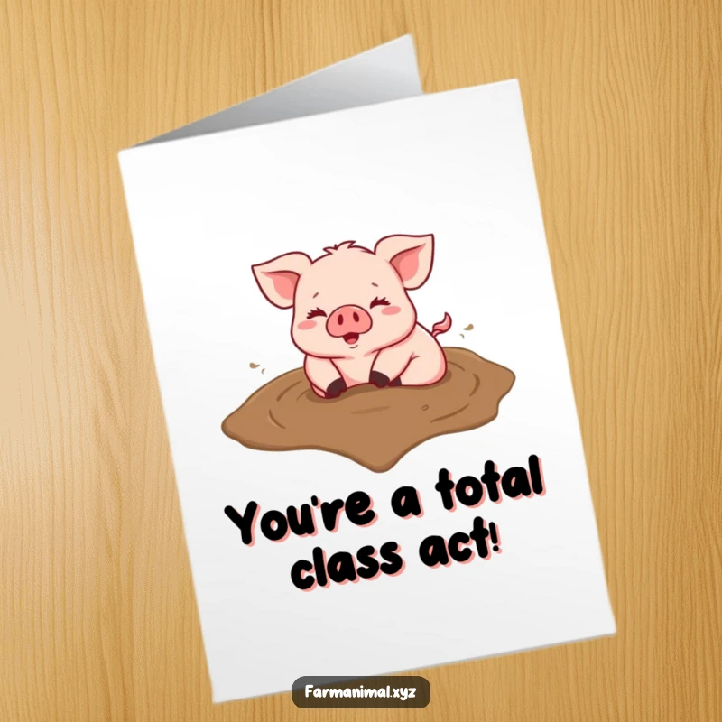 Funny Free Printable Congrats Card: Happy pig joyfully rolling in a heart-shaped mud puddle, celebrating a fantastic accomplishment.