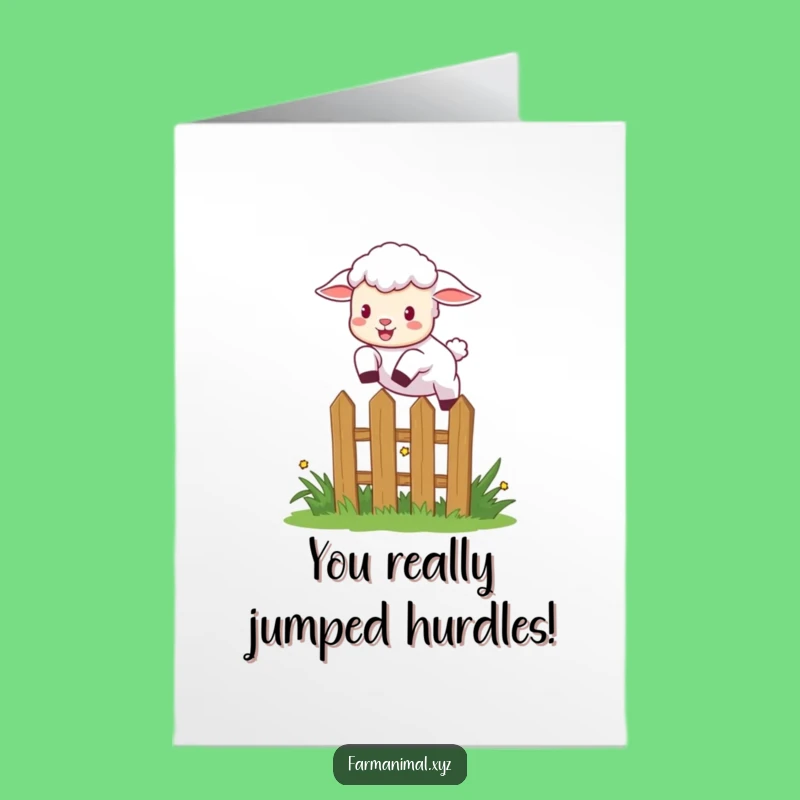 Free Printable Congrats Card: Humorous Lamb Fence Jump, DIY Downloadable Celebration