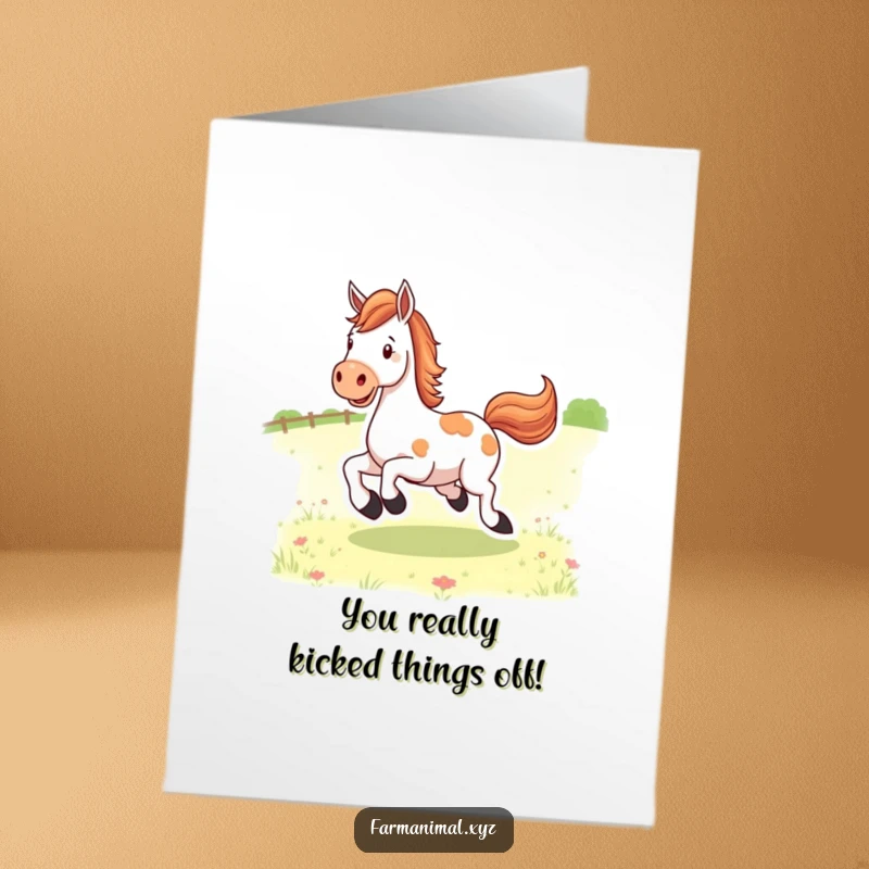 Funny Free Printable Congrats Card: A horse joyfully kicks its heels high in the air, celebrating an achievement. Perfect for congratulations!