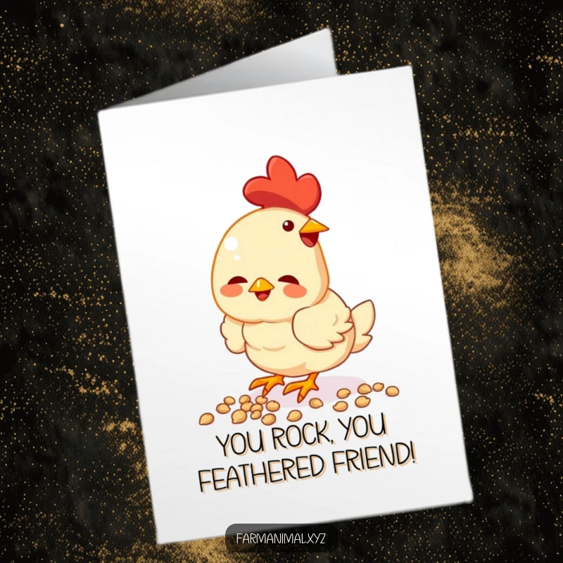 Funny Free Printable Congrats Card: A cheerful chicken enthusiastically pecks at seeds, celebrating a big achievement.