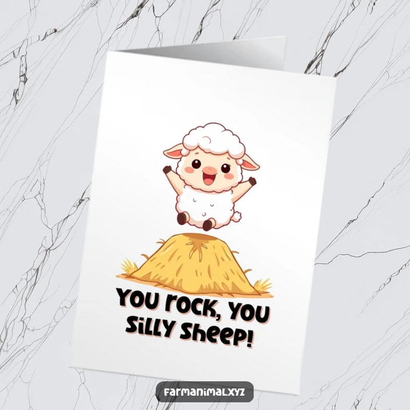 Funny Free Printable Sheep Congratulations Card: A fluffy sheep exuberantly bounces high on a haystack, celebrating a fantastic achievement.